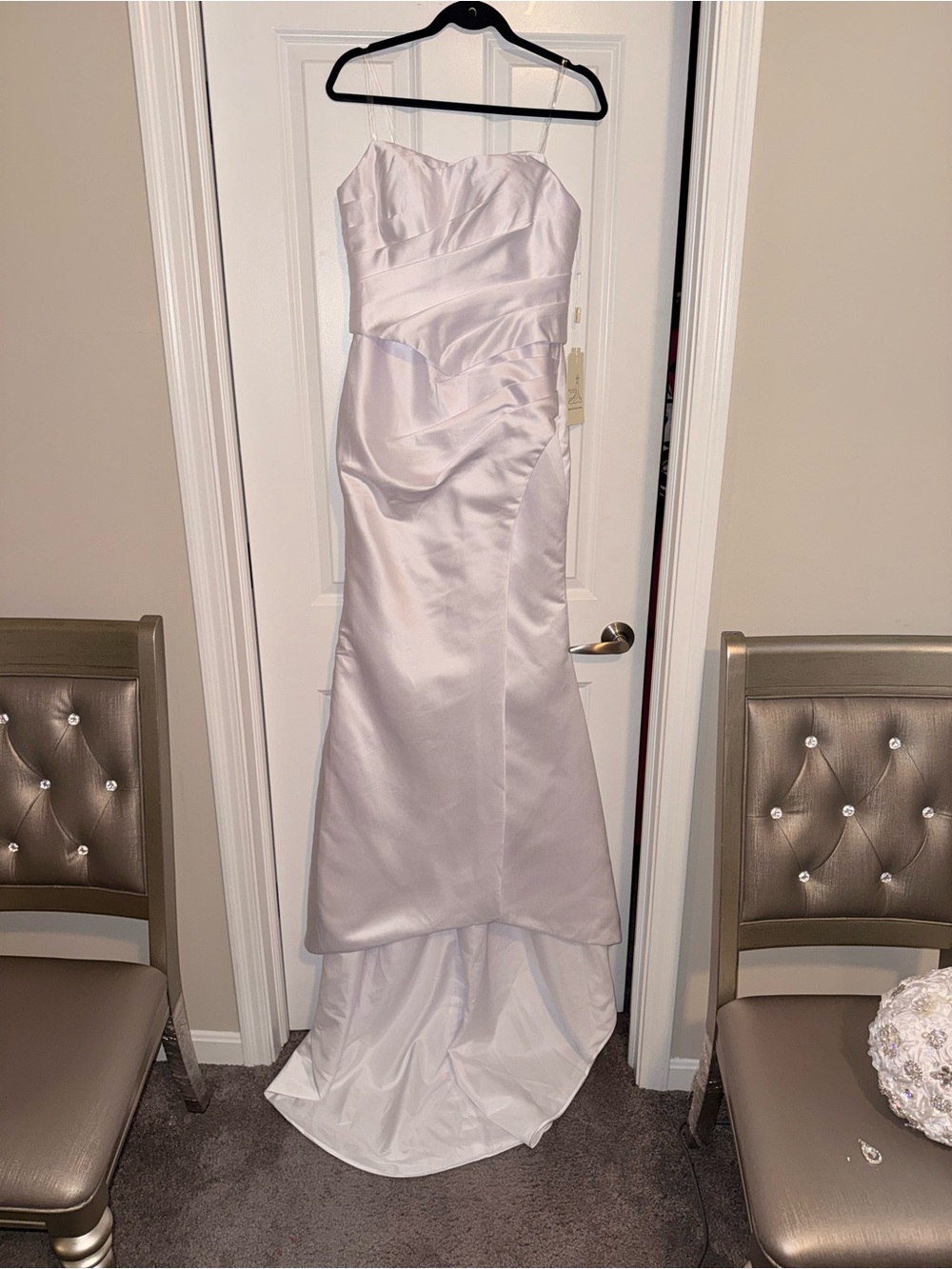 White Satin Strapless Gown Wedding Dress